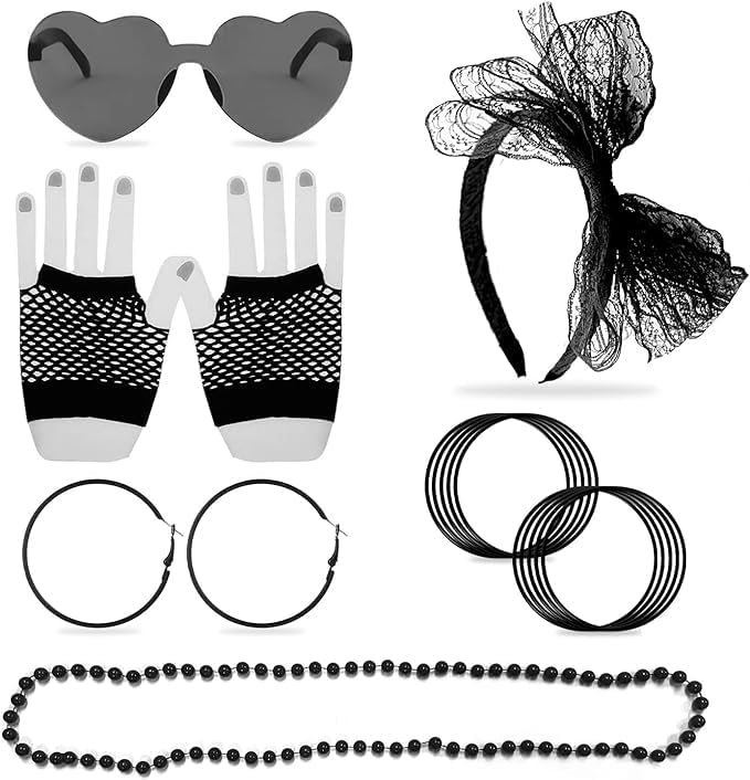 LSYYSL 15 Piece Clothing Accessories Makeup Set, Lace Hair Accessories Neon Necklace, Vintage Earrings, Fishnet Gloves, Colorful Silicone Bracelets, Heart Glasses, 80s Retro Party Themed Party, Black