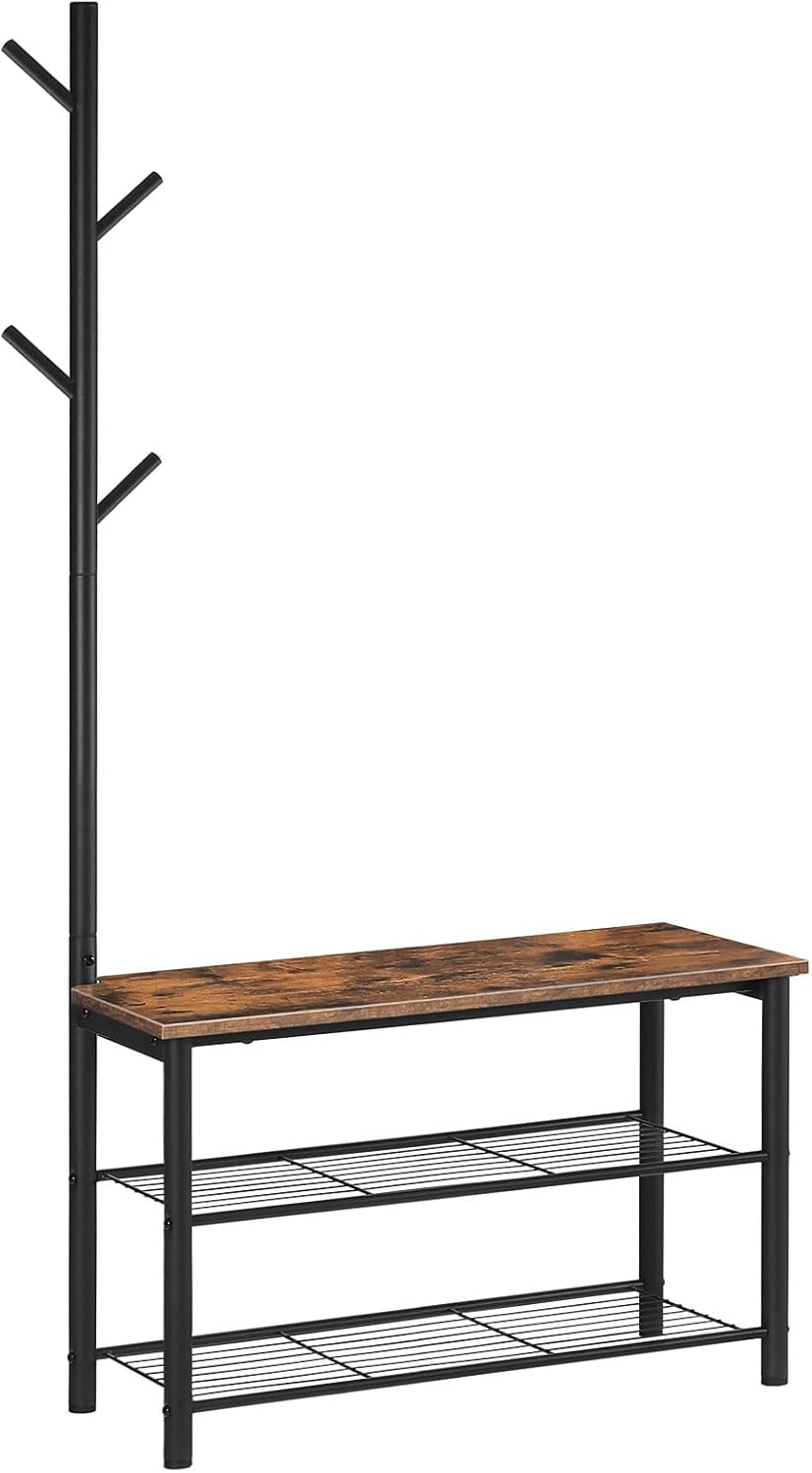 HOOBRO Coat Rack Shoe Bench, 3-Tier Shoe Rack, Industrial Shoe Organizer Storage Bench, Entry Bench with Mesh Shelves, for Entryway, Living Room, Hallway, Easy Assembly, Rustic Brown BF12HX01