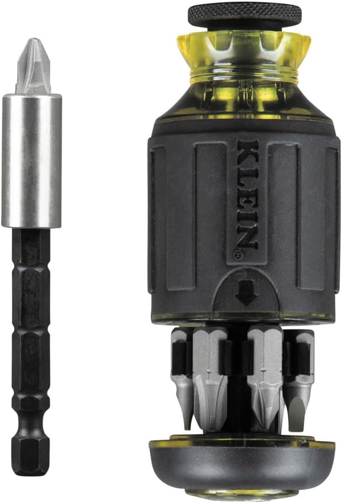 Klein Tools 32308 Multi-bit Stubby Screwdriver, Impact Rated 8-in-1 Adjustable Magnetic Tool with Phillips, Slotted, Square and Nut Driver