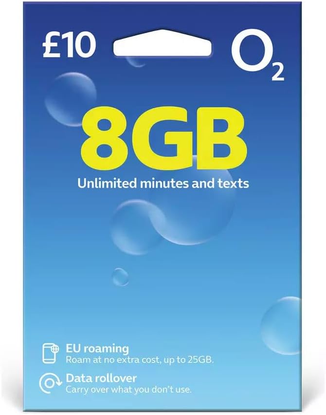 O2 SIM Card UK & EUROPE (ROAM FREE) PREPAID PAYG £10 Bundle -8GB + Unltd Texts & Mins + International Calling Option - (PathfinderGTM RETAIL PACK)