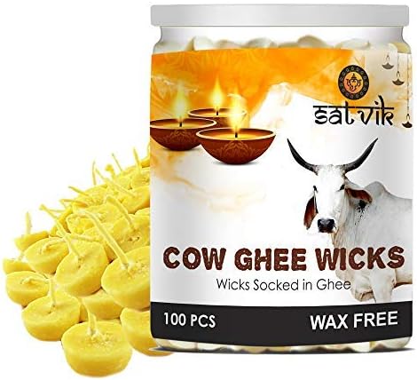 SATVIK 100 Pc Pure Cow Ghee Wicks for Puja (Upto 30 Mins) Pooja Home and Mandir. Nitya Pujan Readymade Ghee Jyot Jyoti Pujan Indian Housewarming Return Gift Items Accessories. Diwali Cotton Wicks