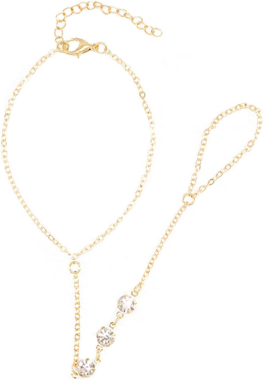QKEOISUD Crystal Finger Ring Chain Bracelet,Trendy Gold Vintage Layered Tassel Sparkling Rhinestone Hand Chain Bracelet for Women and Girls