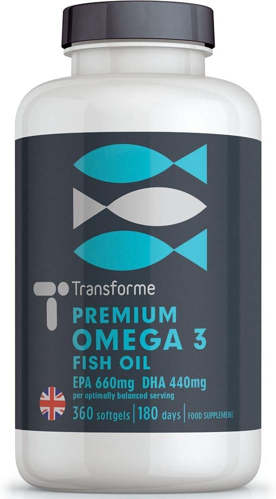 Omega 3 Fish Oil 2000mg, 2 x 1000mg Capsules High Strength Serving 660mg EPA and 440mg DHA, 360 Omega 3 Fatty Acids Softgels Supporting Heart, Brain and Eye Health, 6 Month Supply from Transforme