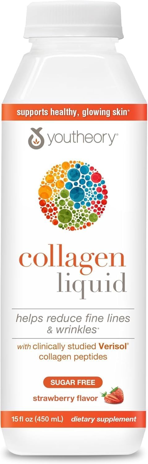 Youtheory Collagen Liquid - 2,5000 mg Hydrolyzed Collagen - Supports Hair, Skin & Nails* - 18 Amino Acids - Sugar-Free & Dairy-Free - Natural Strawberry Flavor - 15 fl oz