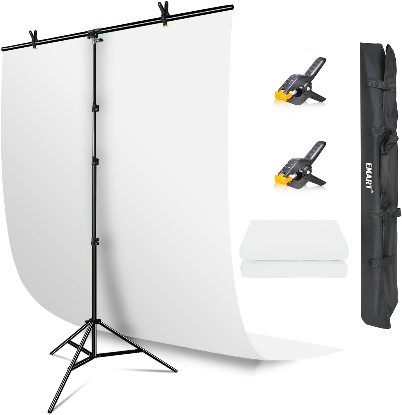 EMART White Backdrop with Stand, 1.5x2.0m(5x7ft) White Screen Photography Backdrop with 1.5x 2.6m(5x 8.5ft) T-Shape Background Support, Photo Studio Kit for Photoshoot Video Recording Party