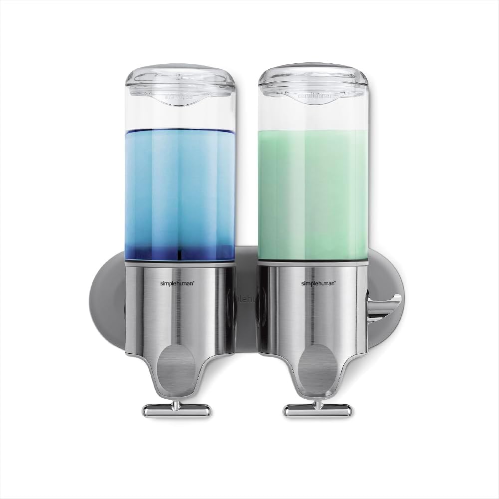 simplehuman BT1028 444ml Twin Wall Mounted Soap Dispenser Pump for Soap, Shampoo, Conditioner, Shower Gel, Suitable for Bathroom, Easy to Install, Rustproof, Brushed Stainless Steel