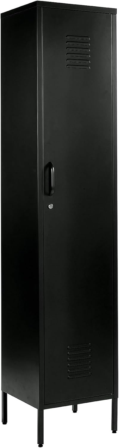 MMT Metal Locker Cabinet in Black Orange Yellow Blue White Grey, Lockable | Lockable Storage Cleaning Cupboard Slim One Door Wardrobe Industrial Style Shoe, Anti-Tipping, 38.5 x 38.5 x 180, 1 Door