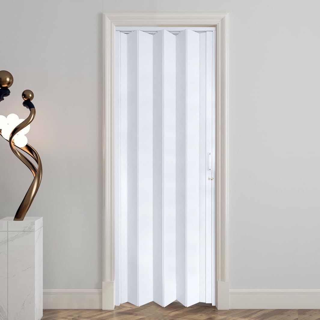 DIYHD 34X80in Accordion Door, White Double-Layer PVC Folding Interior Door | Kit with Installation Hardware, Space-Saving Sliding Closet Door, No Floor Track, Dual-Sided Handle & Latch, Easy Install