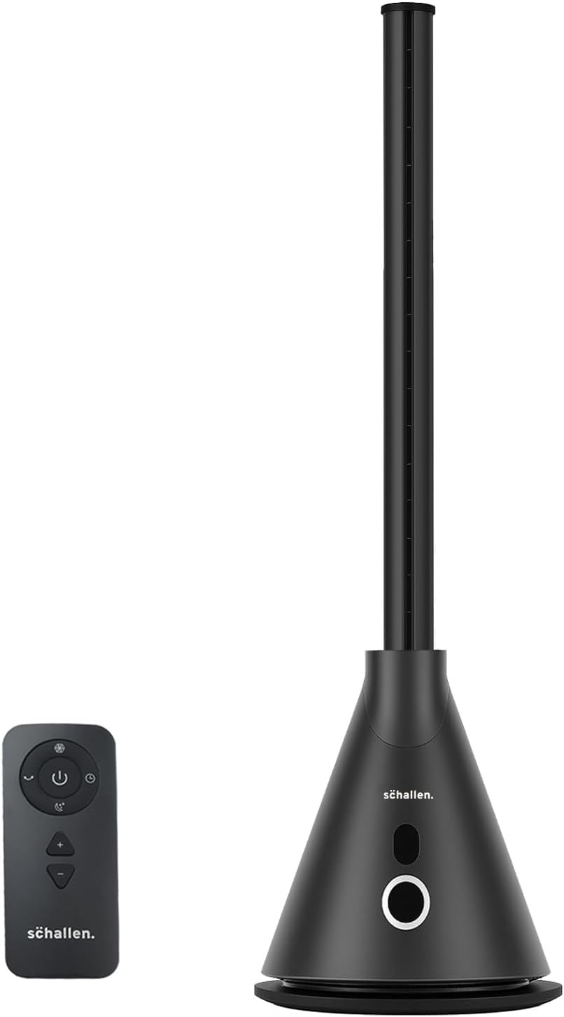 Schallen Modern Sleek Oscillating Bladeless Fan with 8 Hour Timer, 9 Air Speed Settings, Digital Display and Remote Control | Black & Grey | Free Standing Floor Fan