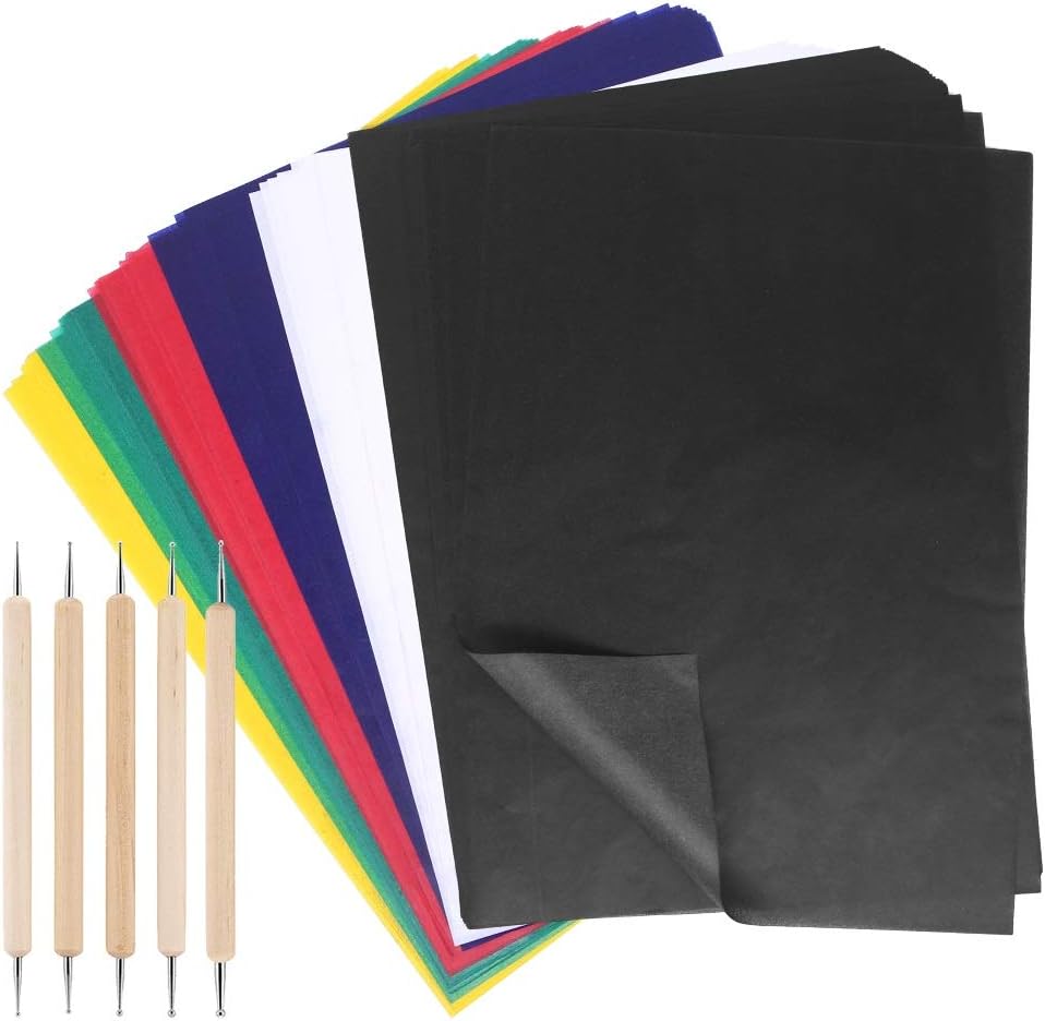 100 Sheet Multicolor Transfer Paper,Carbon Water-Soluble Tracing Paper with 5 Pieces Embossing Styluses Tools,Transfer Pattern on Cloth,Fabric,Canva,Accessories for Sewing