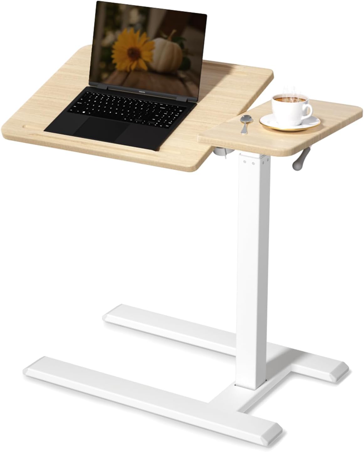 SIHOO D01 Medical Adjustable Tilt Overbed Bedside Table with Wheels Pneumatic Mobile Standing Laptop Desk Rolling Computer Cart Movable Bed Hospital Home Use (White Oak)