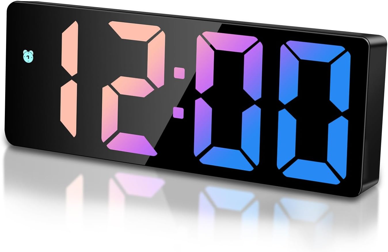 Digital Alarm Clock Mains Powered Electric Battery Alarm Clocks Bedside for bedrooms Office, LED Kids Alarm Clock with Time Date Temperature Snooze Brightness Adjustable, Colorful Display