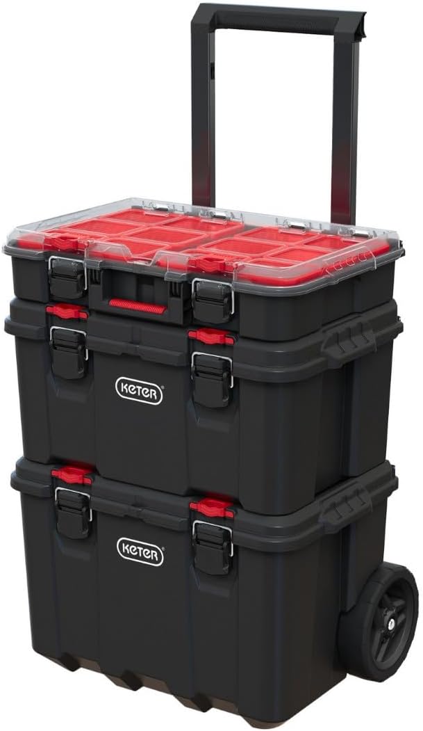 Keter Stack n' Roll Modular DIY Tool Storage System Cart with Wheels, Stackable, Lightweight, Durable, Water Resistant, Black