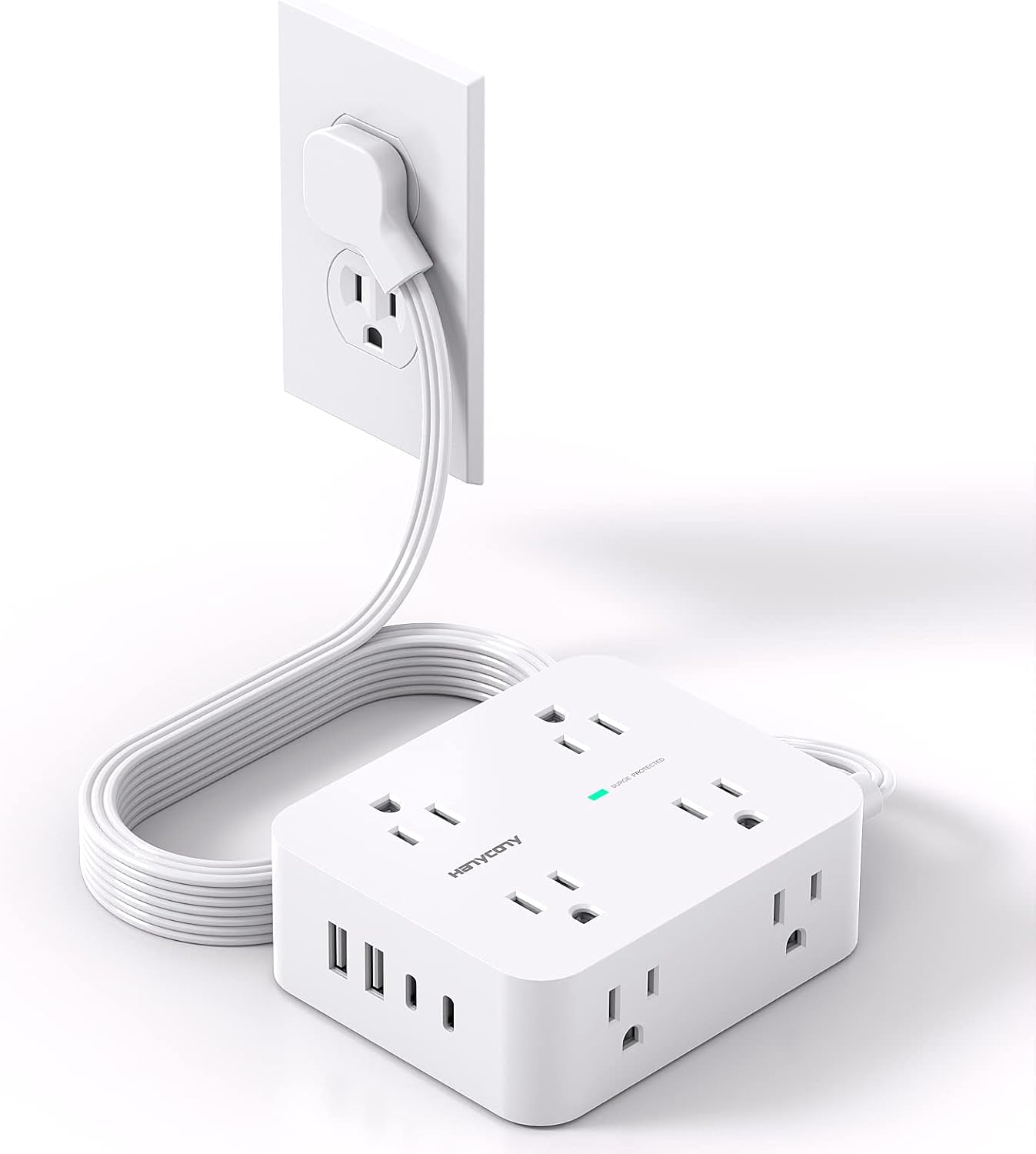 Surge Protector Power Strip, HANYCONY Extension Cord with Multiple Outlets, 5 Ft Ultra Thin Flat Plug 8 Outlets 4 USB Ports(2USB C), 1080J Outlet Extender for Home Office College Dorm Room Essentials