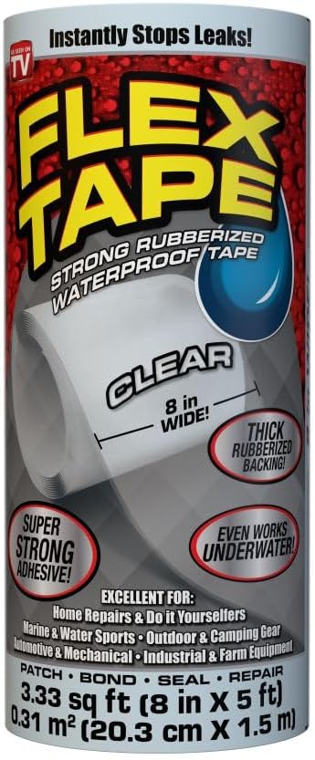 Flex Tape, Original Thick Flexible Rubberized Waterproof Tape - Seal and Patch Leaks, Works Underwater, Indoor Outdoor - Home RV Roof Plumbing and Pool Repairs, Clear, 8 in x 5 ft, Pack of 1