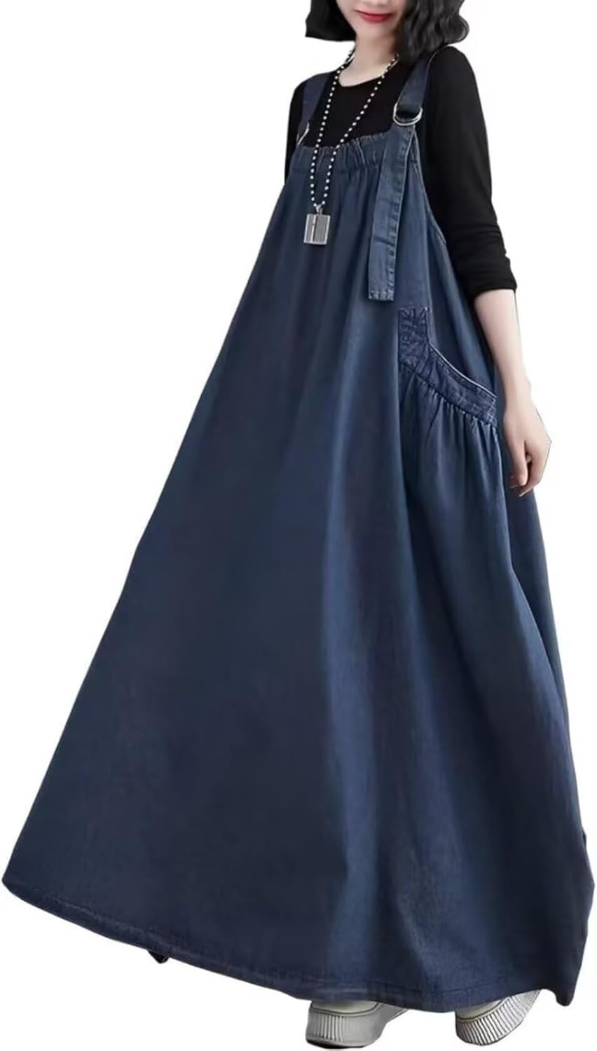 Hifzael Womens Denim Pullover Casual Loose Baggy Sleeveless Y2K Jumper Dress Adjustable Strap Denim Dress with Pockets
