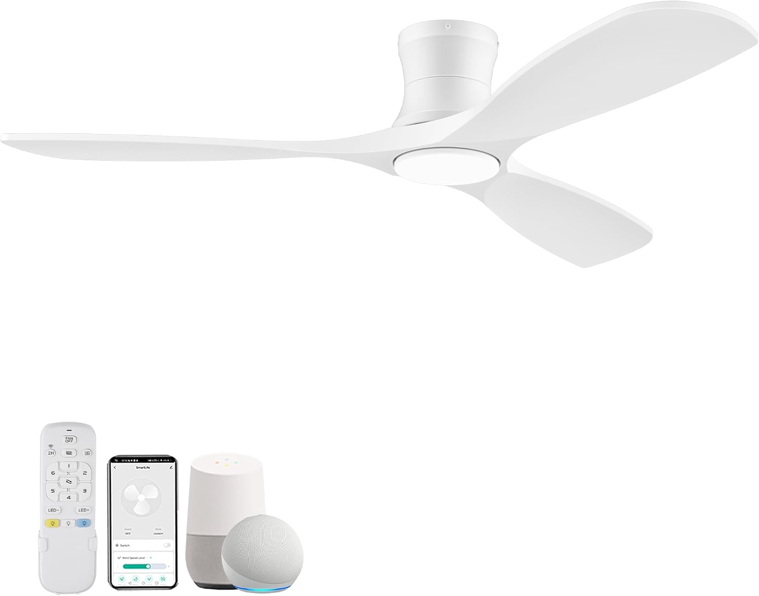 Livory 52” Wood Smart Flush Mount Ceiling Fans with Lights and Remote,Quiet DC Motor,Outdoor Indoor Ultra Low Profile Ceiling Fan works with Alexa WIFI APP,Modern White Ceiling Fan for Bedroom Patio