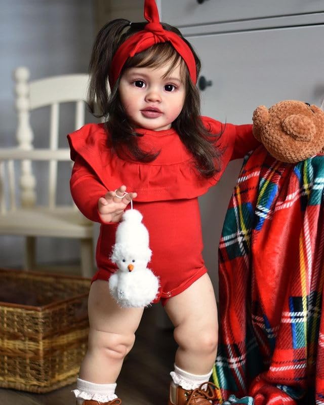 Pinky Reborn Huge Size Reborn Baby Dolls 26 inch 66 cm Reborn Toddler Dolls Silicone Babies Lifelike Baby Girl Doll with Long DK Brown Hair Realistic Reborn Doll Real Size for Children