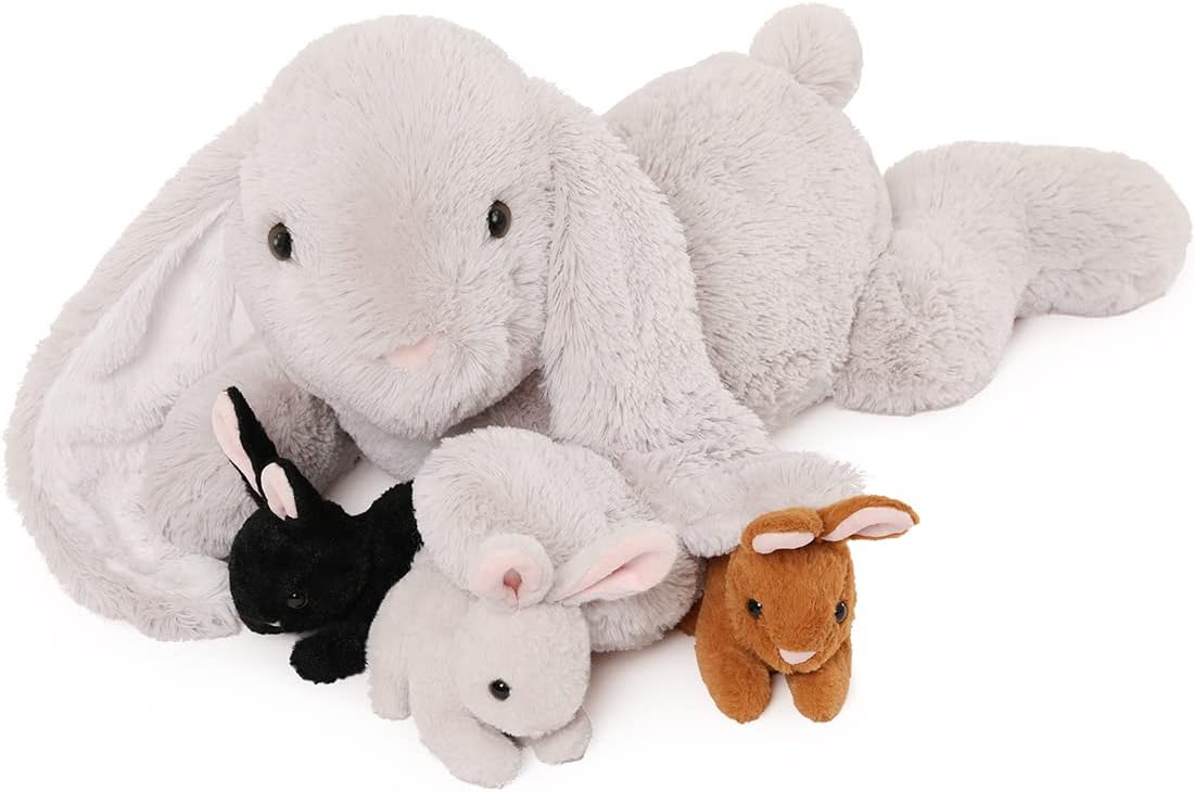 MorisMos Big Bunny Teddy Stuffed Animal, 60cm Fluffy Mom Easter Rabbit with 4 Baby Inside, Cuddly Rabbit Teddy for Girls Giant Bunny Plush Soft Toys Gift for Kids Birthday Valentines Deco