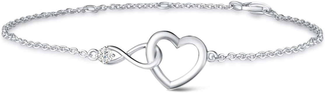 FANCIME 925 Sterling Silver White/Gold Plated Necklace/Bracelet Heart Infinity Pendant with Cubic Zirconia and Adjustable Chain Valentine's Day Anniversary Present Jewellery Gifts for Women Her