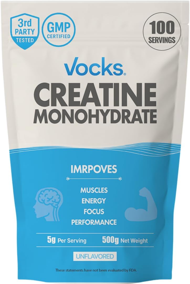 Vocks Creatine Monohydrate Powder - Creatine Supplement, Micronized Creatine, Creatine Powder - Unflavored & Gluten Free, 5g per Servings, 500g (1.1 lbs)