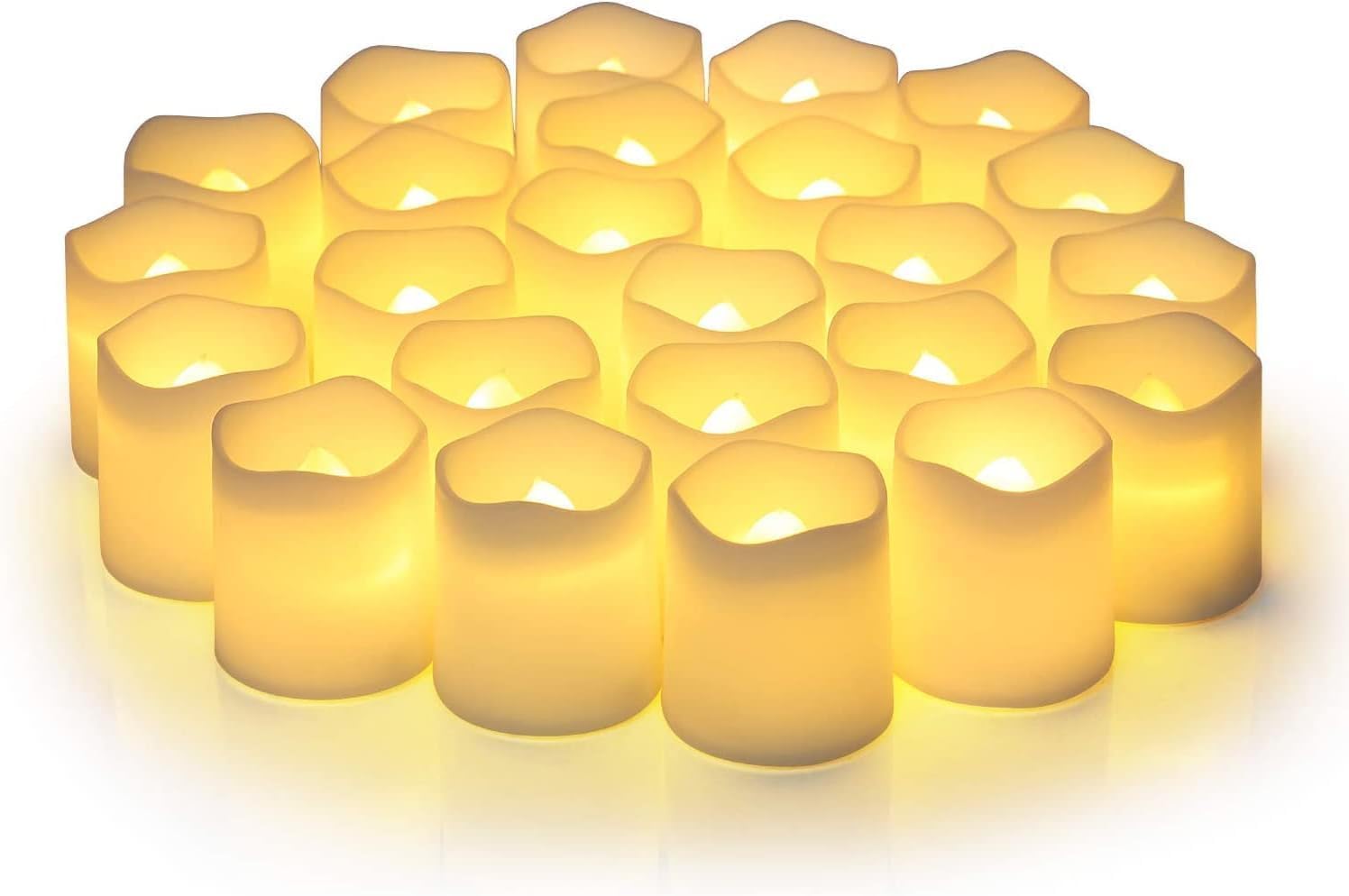 SHYMERY Flickering Flameless Votive Candles with Timer, 24 Pack 15 Days Longer Battery Operated LED Tea Lights in Warm White for Wedding,Table,Festival Celebration,Halloween,Christmas Decorations