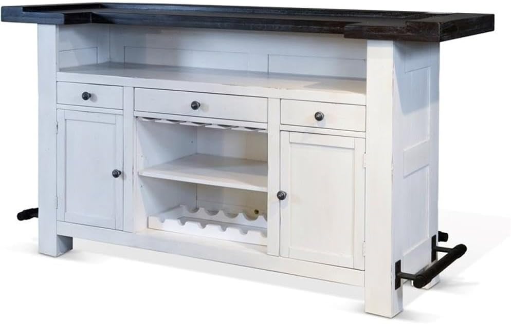 Pemberly Row 78" Farmhouse Wood Bar Unit with Foot Rail, Adjustable Shelves, Removable Wine Rack, Stemware Storage, in Espresso Finish
