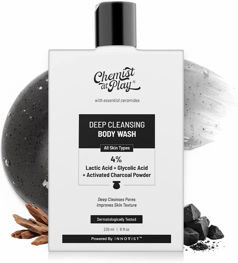 Chemist at Play Deep Cleansing Body Wash Activated Charcoal Removes Dirt Lactic Acid For Skin Texture Glycolic Acid For Exfoliation 236ml