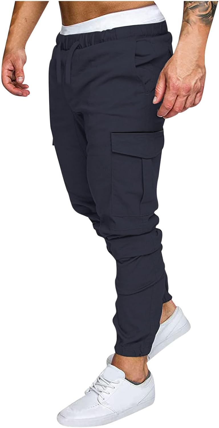 YINROM Plain Fluid Trousers Men's Cotton Cargo Pants Multi-Pocket Trousers for Trekking Men's Straight Casual Pants Water Resistant Cargo Tactical Pants for Menhiking Work Military Army Pants Navy