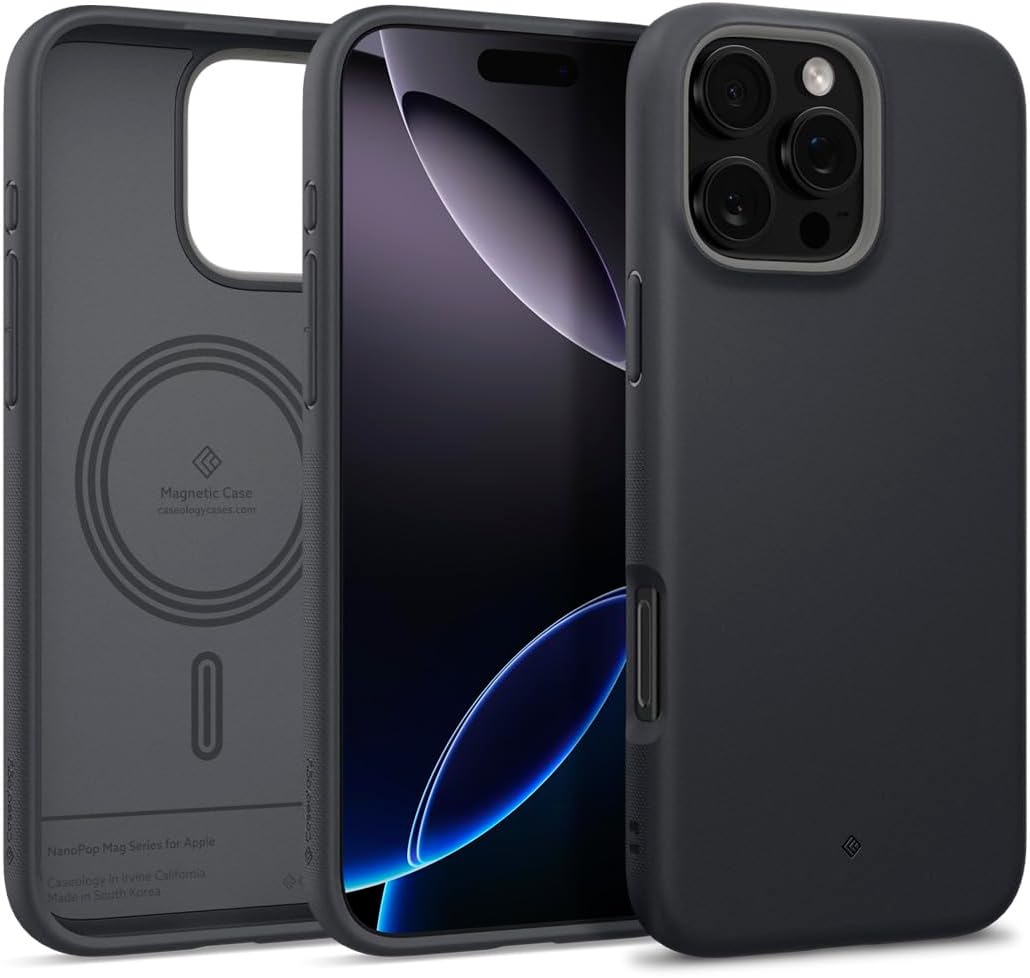 Caseology Nano Pop Mag for iPhone 16 Pro Max Case [Soft & Dust Free Material] Magnetic Military Grade Drop Protection Side Grip Patterns Case Cover for iPhone 16 Pro Max - Black Sesame