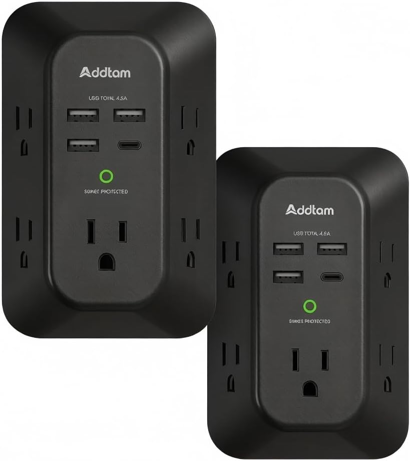 Addtam 5-Outlet Extender Surge Protector, Multi Plug Wall Outlet with 4 USB Wall Charger, Plug Extension Outlet 1800J, Outlet Splitter Power Strip for Home Office Dorm Room Essentials, Black, 2 Pack