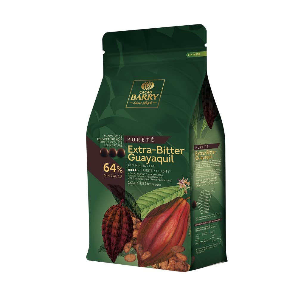 Cacao Barry Callebaut Extra Bitter Dark Chocolate Couverture, 64% Cacao, 5 kg Bulk Pack, Guayaquil Beans, Kosher & Halal