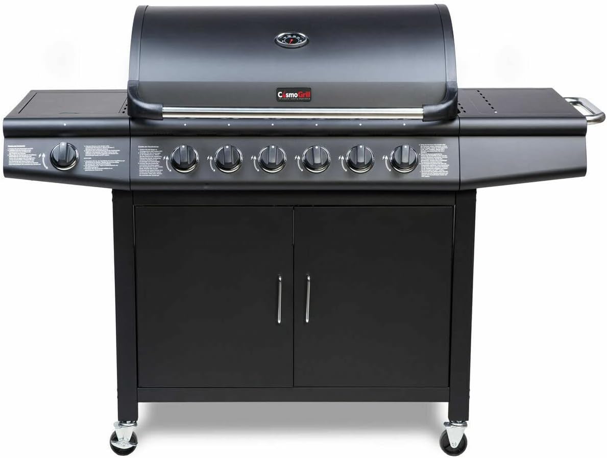 CosmoGrill Pro Deluxe 7 Gas Burner 6+1 Barbecue Grill Steel Warming Rack, Side-Burner, Built-in Temperature Gauge for Home Garden Party Outdoor Cooking (Black)
