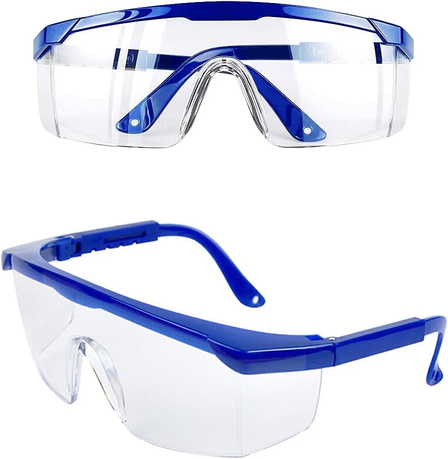 JUHONNZ Safety Goggles, 2 Pcs Wrap Around Safty Glasses Anti-Fog Protective Goggles Blue Frames Eye goggles protectionfor Kids adult Eye Protection with Clear Thicker PC Lenses For Outdoor Activities