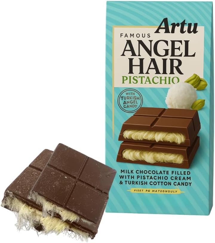 Artu Angel Hair Chocolate 165g - Milk Flavoured Turkish Floss Chocolate Bar with Pistachio Cream & Cotton Candy Filling - Dubai Chocolates Bar Style - Small Gifts (Pack of1)