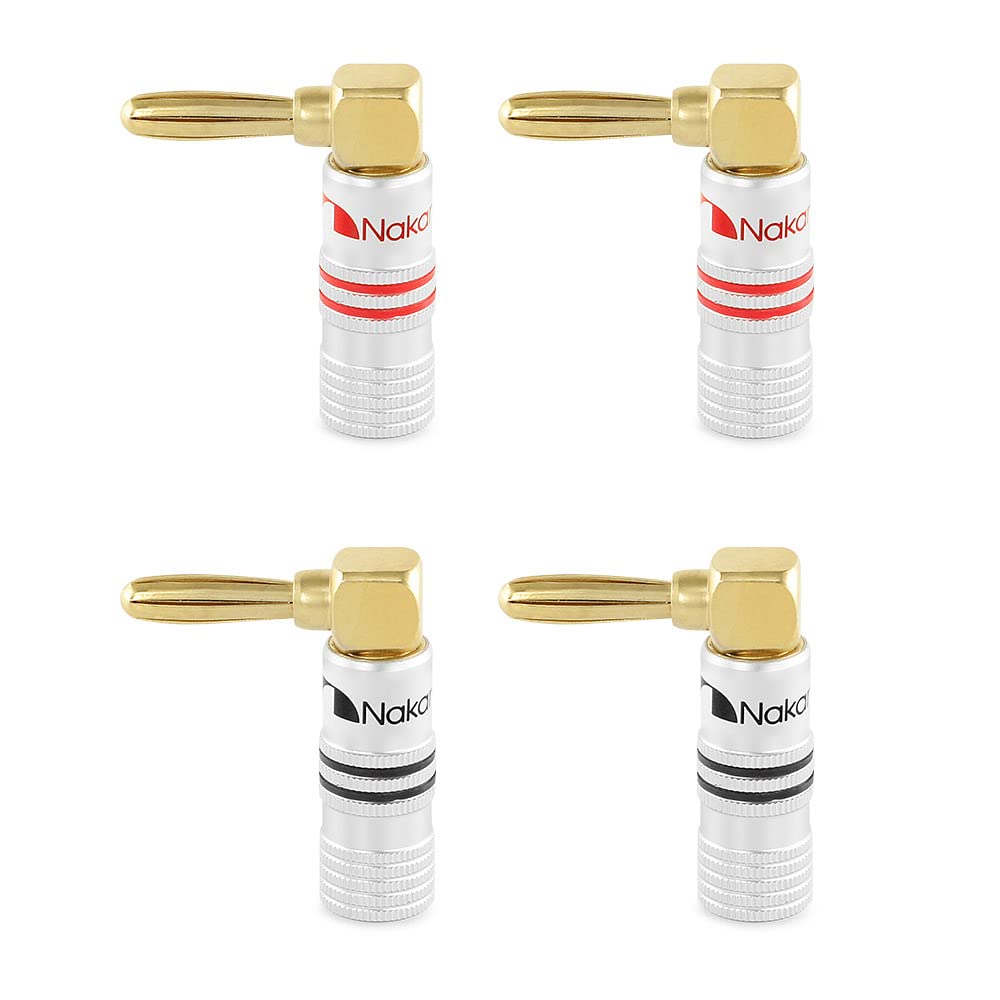 Nakamichi Excel Series 24k Gold Plated Right Angle Banana Plug 12-18 AWG Gauge Size 4mm for Speakers Amplifier Hi-Fi AV Stereo Home Theatre Audio Wire Cable Screw Connector, 4 Pcs (2-Pairs)