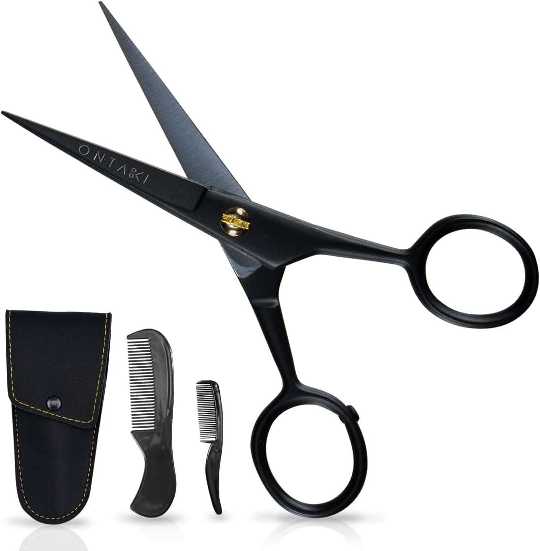 Ontaki 5" Professional German Beard & Mustache Scissors with 2 Comb & Carrying Pouch for Men - Bevel Edge for Precision - Facial Hair Grooming Kit All Body Hair - Black - Beard Trimming Scissors