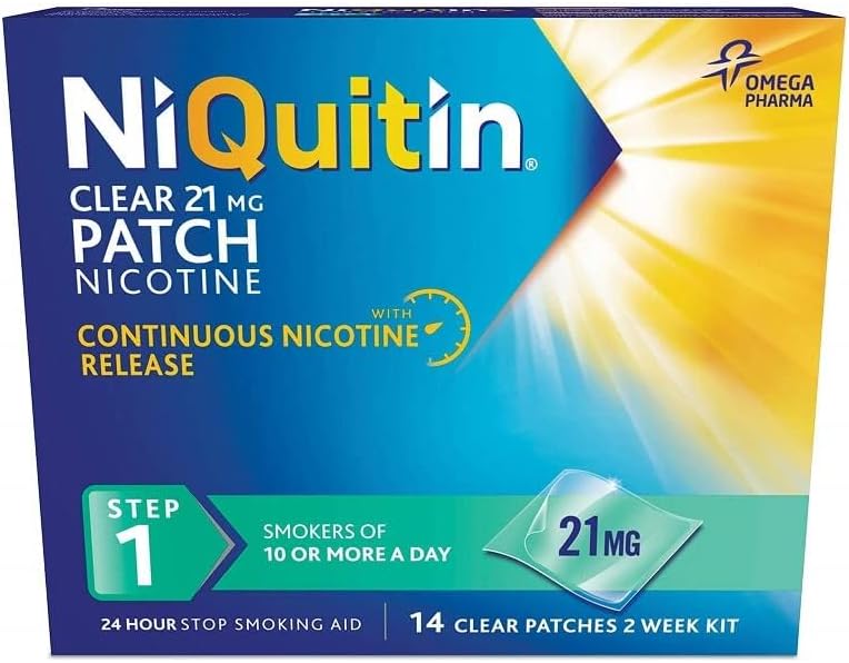 NiQuitin 21 mg Nicotine Patch - Step 1 - Stop Smoking Aid Therapy - 14 Clear Patches for 2 Weeks Treatment - 24h Craving Control - Invisible Nicotine Patches, White, 14 Count (Pack of 1)