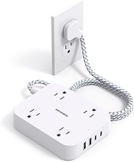 Flat Plug Extension Cord, 5ft Power Strip with 4 USB Ports(2 USB C), 4 Widely Outlets Extender, Wall Mount, Desk Charging Station for Office, School, Travel and Dorm Room Essentials, ETL Listed