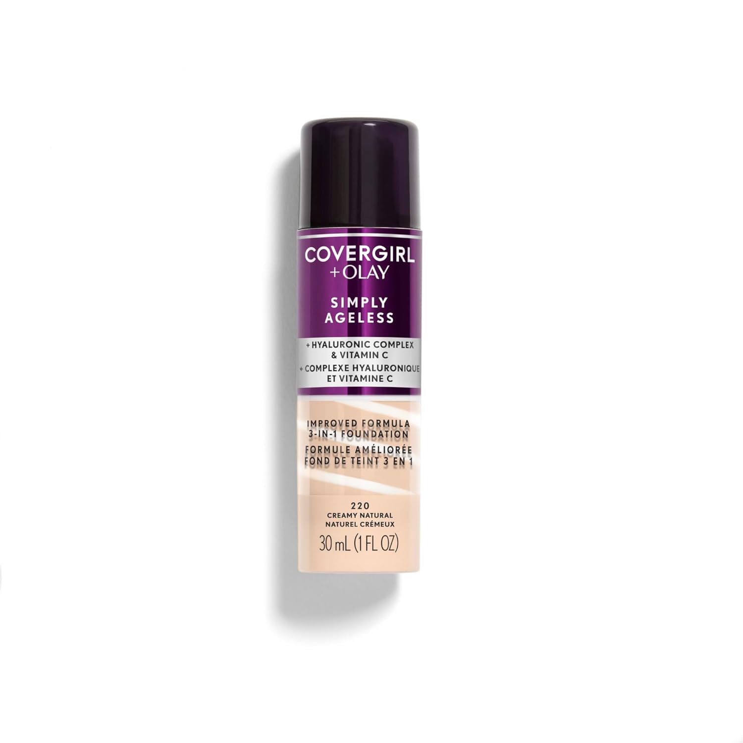 COVERGIRL & Olay Simply Ageless 3-in-1 Liquid Foundation, Matte Finish, Hyaluronic & Vitamin C Formula, 220 Creamy Natural, 1 Count