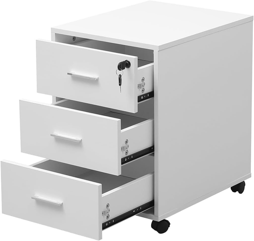 BELIFEGLORY Mobile File Cabinet with 3 Drawers, Wooden Filling Pedestal Cabinet with Castors, A4 Letter Document Storage Cupboard for Home Office (White with Lock)