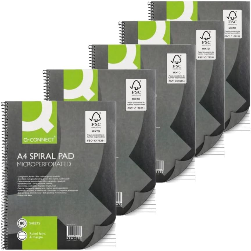 Q-Connect Ruled Margin Spiral Soft Cover Notebook 160 Pages A4 (5 Pack) KF01072
