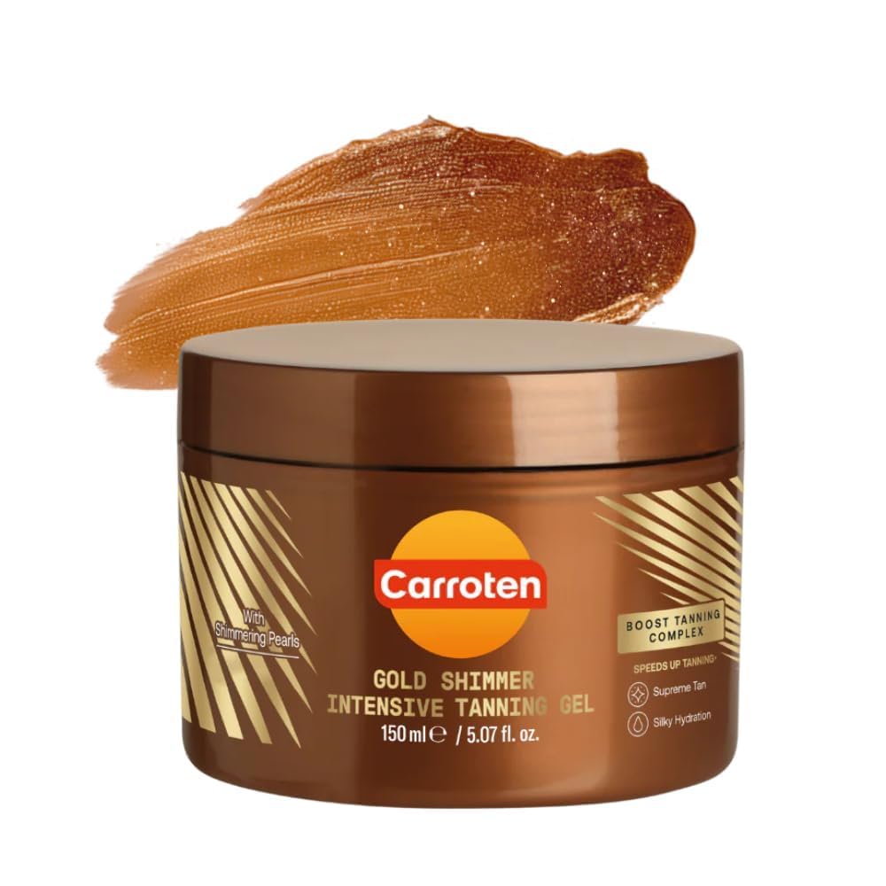 Carroten Gold Shimmer Tanning Gel | Browning Tan Accelerator | Non-Greasy, Water-Resistant with Carrot & Coconut Oil | Vitamin A & E For Moisture & Hydration | Made in Greece | 5 Fl Oz