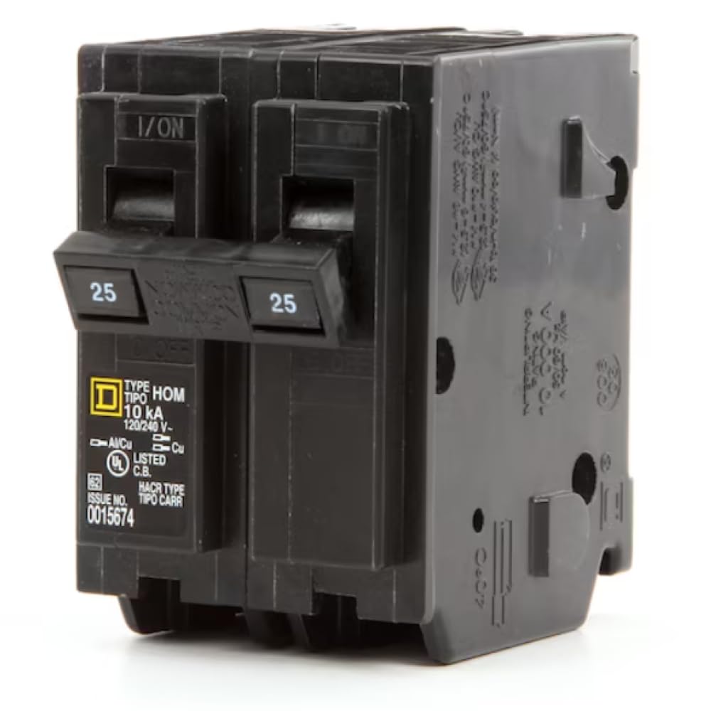 Square D HOM225 25 Amp (25A) Genuine Double Pole (2 Pole) Homeline Circuit Breaker, 120/240V AC, 10kAIC, Plug-in Mount for Homeline Load Centers, New Replacement Breaker – Pack of 1