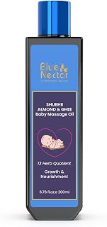 Blue Nectar Ayurveda Gentle Baby Oil for Newborn Skin Care -Moisturizing Baby Massage Oil for Dry Skin Moisturizer |Soothing with 100% Natural Coconut Oil & Organic Ghee (13 Herbs, 6.76 Fl Oz)