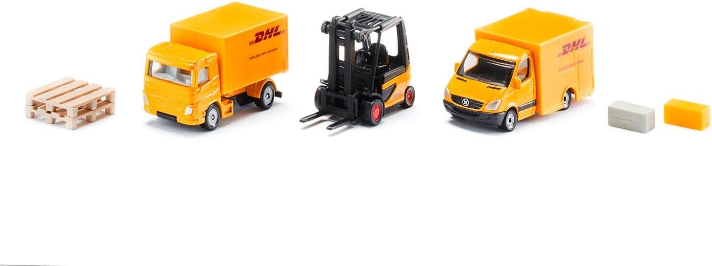 siku 6335, DHL Logistics Gift Set with Truck, Forklift, Parcel Delivery Van, Pallets and Packages, Metal,Plastic, Yellow, Moving Parts