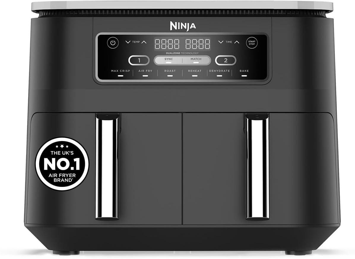 Ninja Foodi Dual Zone Digital Air Fryer, 2 Drawers, 7.6L, 6-in-1, Air Fry, Roast, Bake, Dishwasher Safe, Black AF300UK