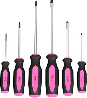 Magnetic Screwdrivers Set, 6 Pieces Slotted & Phillips Screwdriver with Permanent Magnetic Tips, Ergonomic Comfortable Handle,Rust Resistant Heavy Duty DIY Hand Tool Kit for Craftsman Repairing, Pink