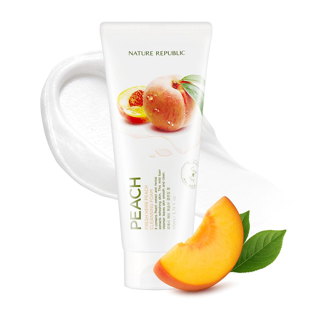 Nature Republic Fresh Herb Peach cleansing foam Hydration & Moisturizing daily Makeup Remover, Nighttime Foaming Pore Cleansing aloe face wash,Korean Skin Care for All Skin Types 170ml / 5.74 fl Oz