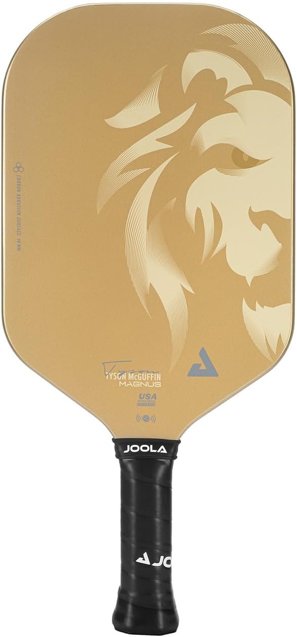 JOOLA Magnus CAS 14mm Pickleball Paddle - Gold Tyson McGuffin Lion Paddle - Edgeless Design & Short Handle - Lightweight Double Frame Carbon Fiber Core - Extra Long Length - Carbon Surface Adds Spin